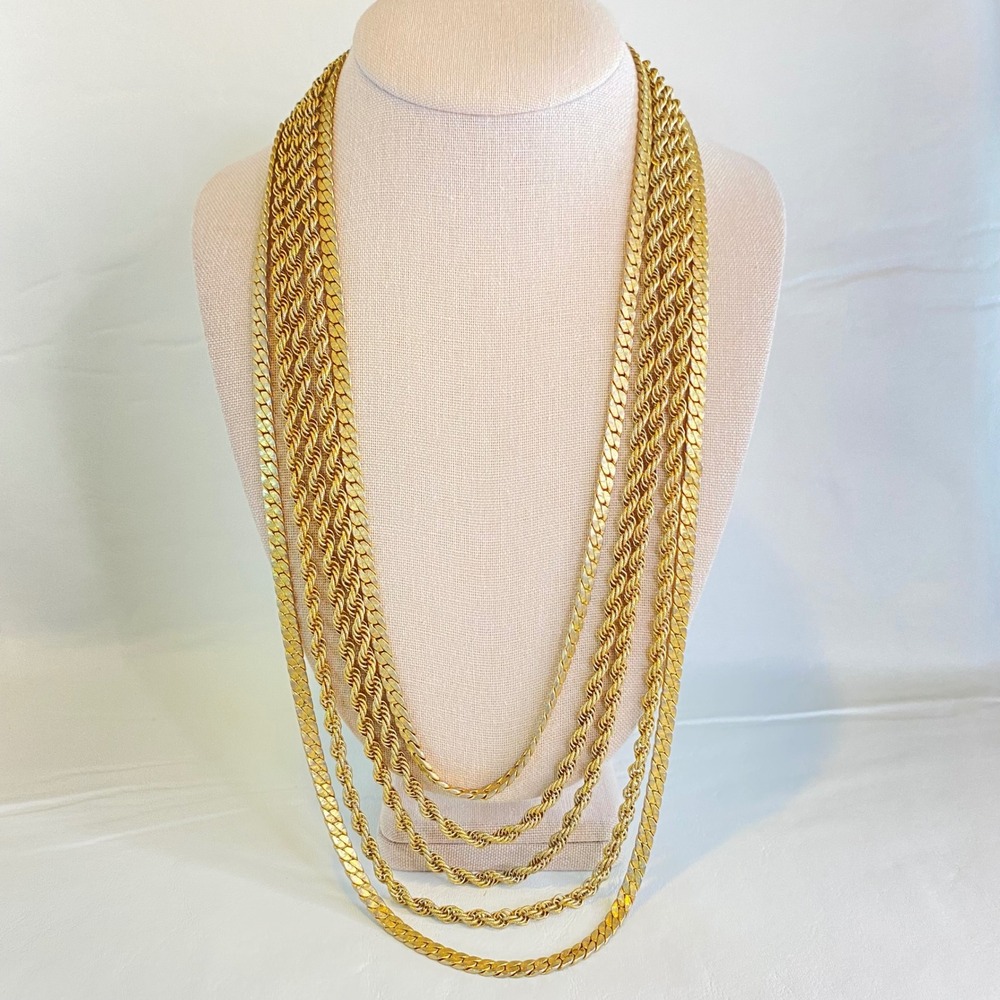 Vintage Goldette NY Necklace Multi Strand Gold Tone Herringbone Rope Chain 26"